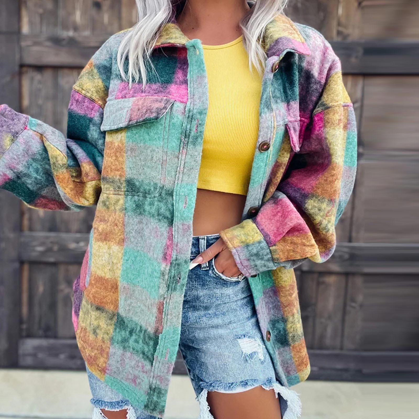 

Женская модная однобортная элегантная куртка-рубашка с длинными рукавами и отворотами, осенняя куртка с цветным принтом, шерстяная куртка S зелёный