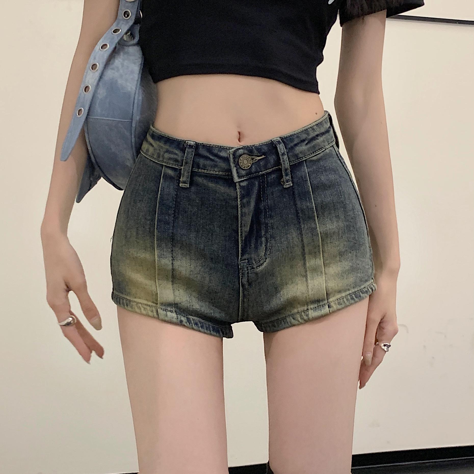 

Women s High-Waist American Retro Distressed Denim A-Line Shorts for Summer Medium синій