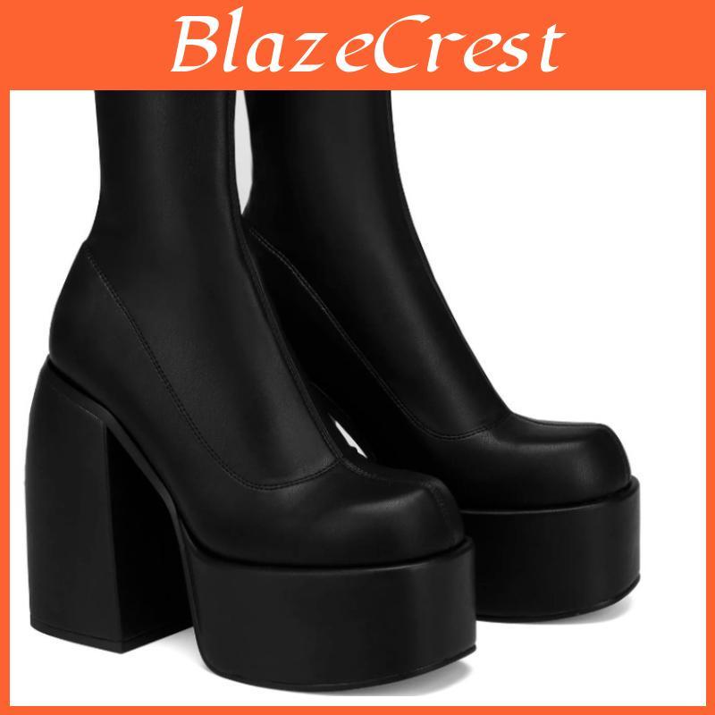 Women Fashion Boots Platform Modern Heels Round Toe Leather Boot Chunky Heels Zipper Designer Block Heel Shoes Fashion Girls Casual Shoe