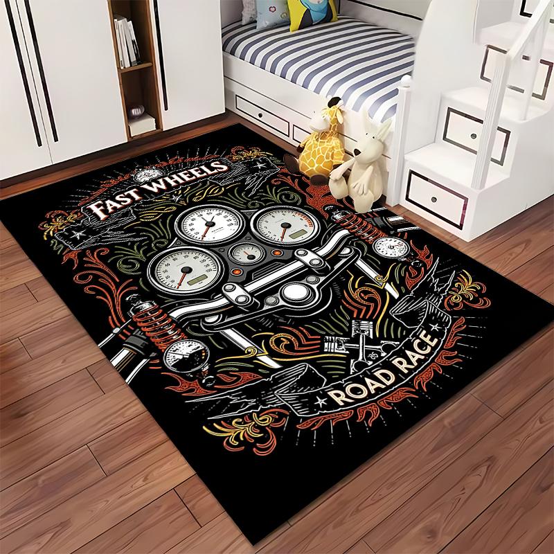Motorcycle Dashboard Design Black Carpet, Fast Wheels Road Race Style Suitable for Use As an Anti-slip for Living Room Bedroom Sofas