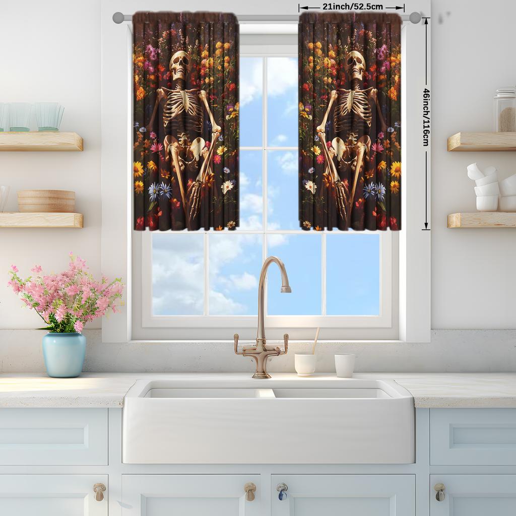 2pcs Romantic Flower Skeleton Printed Curtain for Home Decor - Rod Pocket Window Treatment for Bedroom   Office   Kitchen