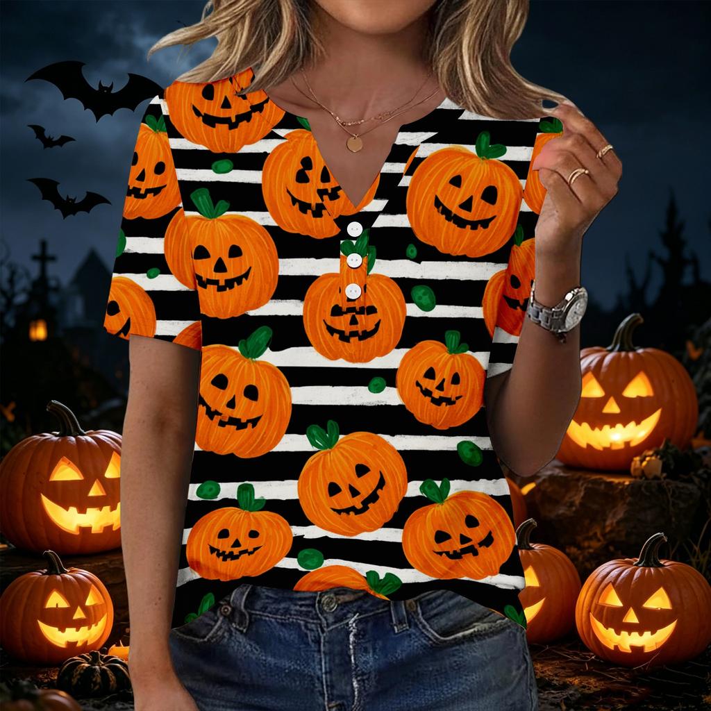 Camiseta casual de manga corta con cuello en V para mujer con botones decorativos Estampado de calabaza de Halloween Top para uso diario