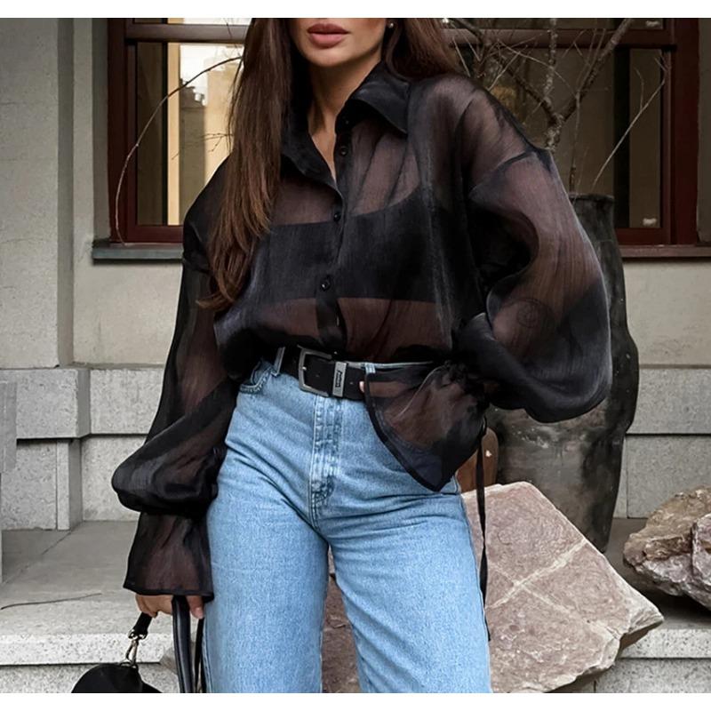 Women S Black Sheer Mesh Loose Lantern Sleeve Mid Length Shirt S чёрный