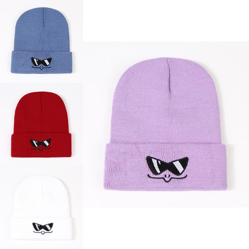 Funny Cartoon Sunglasses Knit Hat Autumn Winter New Embroidered Woolen Knit Hat Warm Female Trend