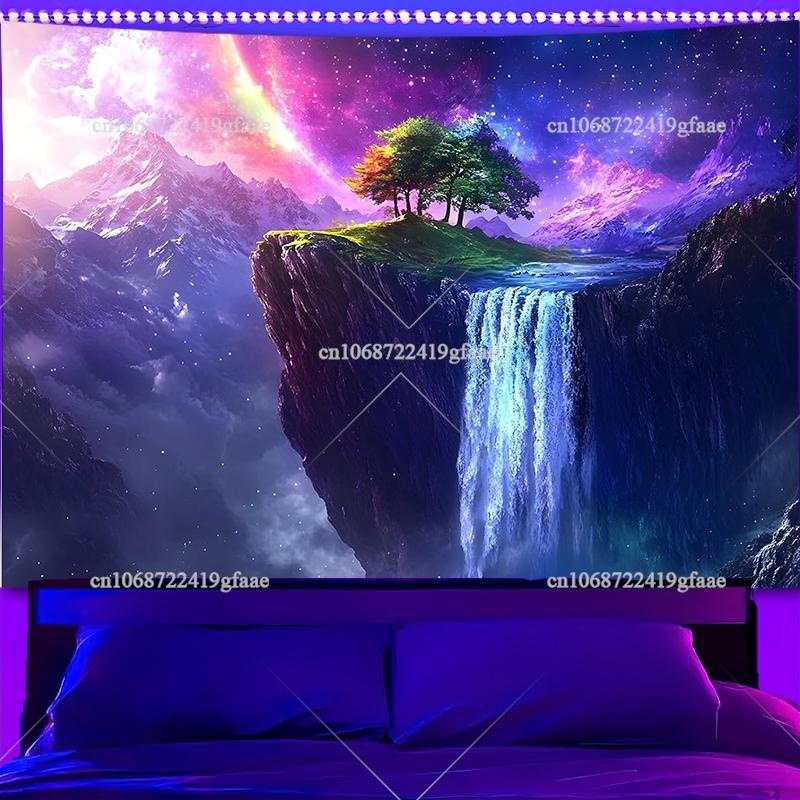 Звездный Гонщик Черно-белый Гобелен УФ-активный Светящийся Горы Галактика Неоновые Гобелены Эстетичное Настенное Искусство Флуоресцентные Гобелены 95X73CM