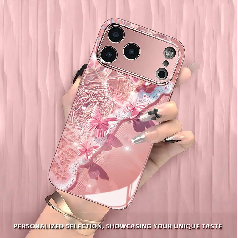Water Ripple Pink Butterfly Tempered Glass Phone Case for iPhone 17 16 Pro Max 15 14 Plus 13 12 11 Pro Max 16E 17 Air Cover