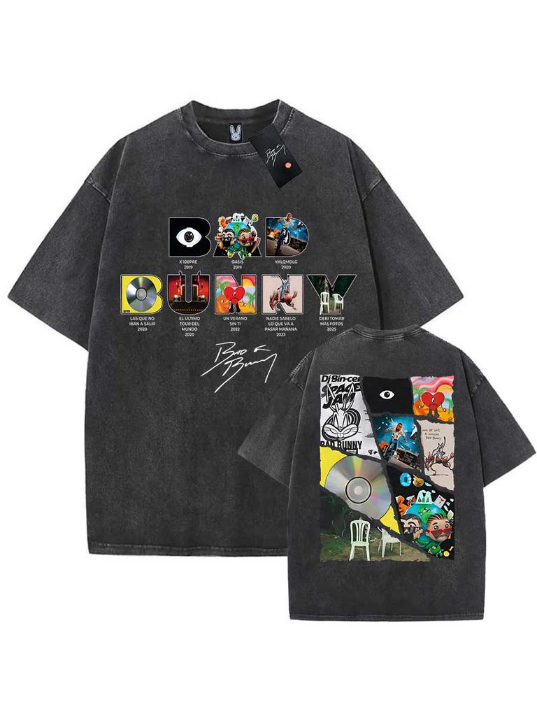 BAD BUNNY TAG Oversized T shirt Washed Vintage Cotton DeB TiRAR MS FOToS Hiphop Streetwear BB