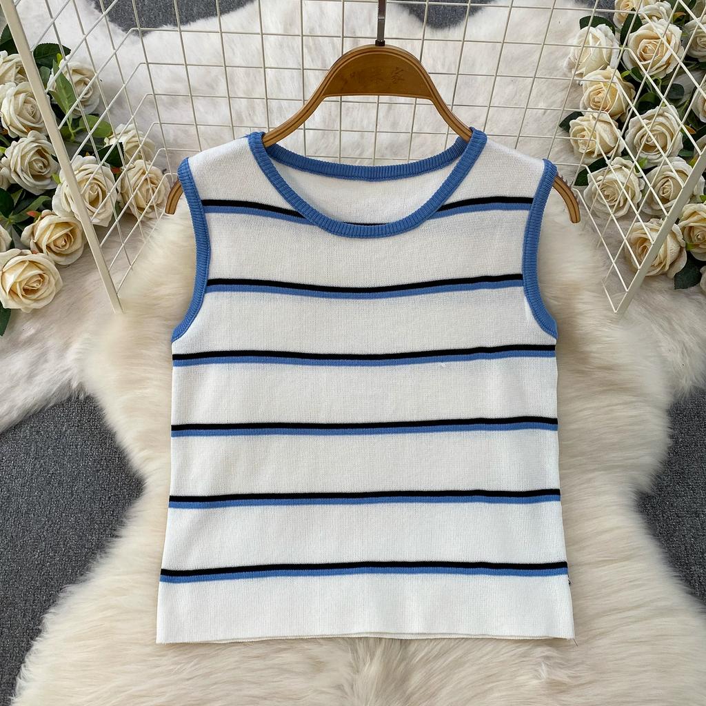 Casual Striped Crew-Neck Sleeveless Knit Top and High-Waisted Slimming Bodycon Midi Skirt Sets Summer Knitted Two Piece Sets for Women