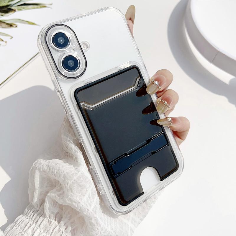 New Solid Color Wallet Single Card Slot Fold Bracket Phone Case For iPhone 16 Pro Max 14 11 12 13 15 Pro Max Acrylic Back Cover