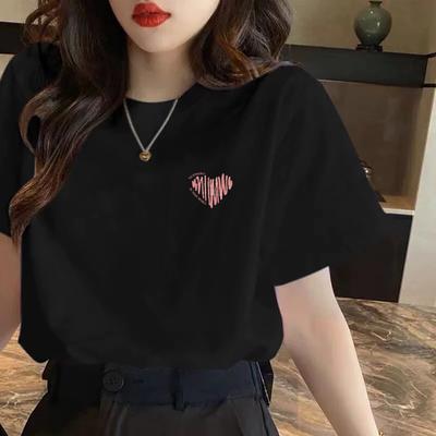 Front Shoulder Pure Cotton Short-sleeved T-shirt for Women's Summer New Letter Printed Round Neck Black Top
