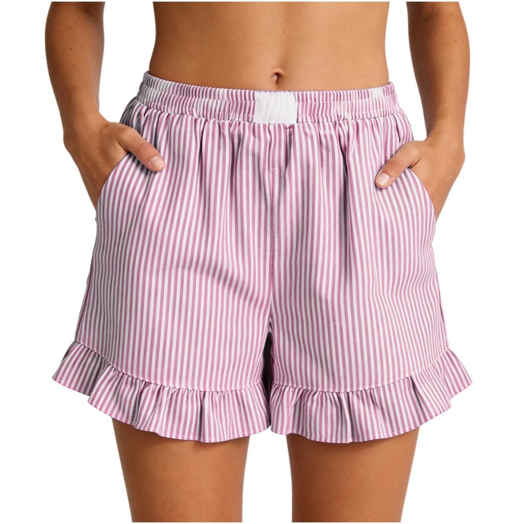 Pantaloncini estivi casual a righe da donna con elastico in vita, bordo arricciato e tasche laterali, vestibilità ampia, design leggero