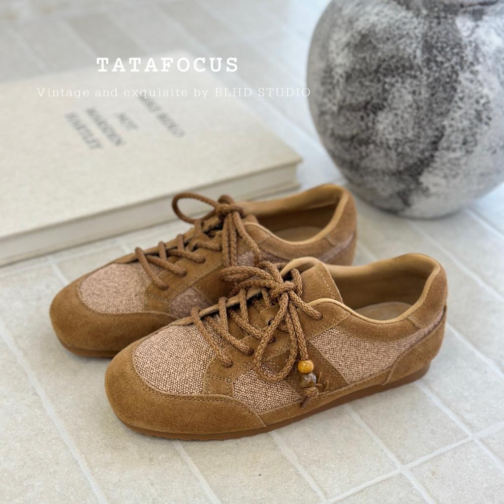 2025 autumn new retro anti-velvet cowhide splicing cotton and linen small German training versatile comfortable casual fashion women's shoes