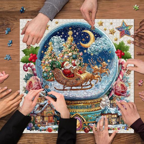 Christmas Crystal Ball Jigsaw Puzzle Santa Snow Village Scene 1000 Pieces Adults Cardboard Puzzle Family Game Home Decor