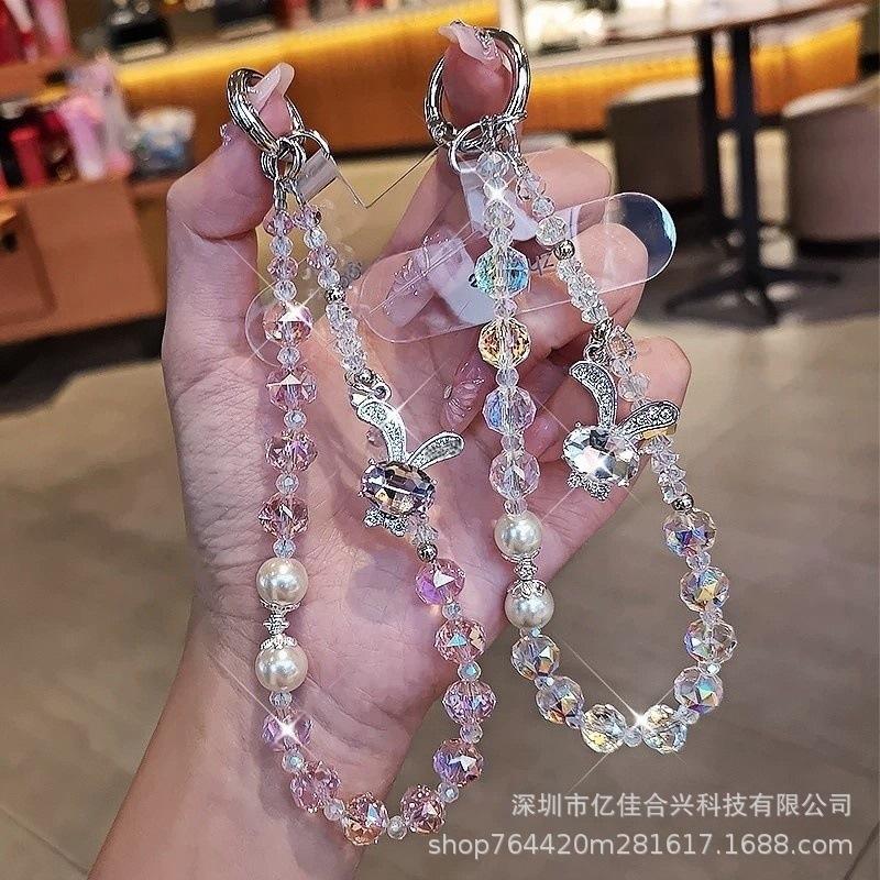 New Crystal Pearl Crystal Lanyard Beaded Mobile Phone Lanyard Wholesale Dream Rabbit Rhinestone Pendant