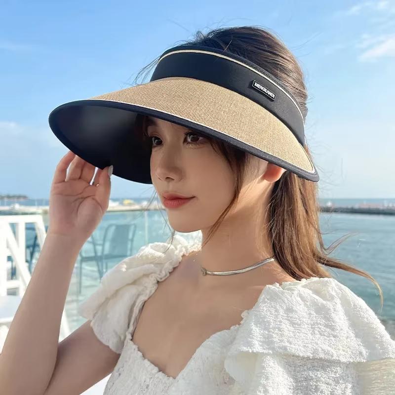 Summer New Sunshade and Sun Protection Empty Top Hat for Female Cyclists, Foldable Straw Woven Hat for Outdoor Travel