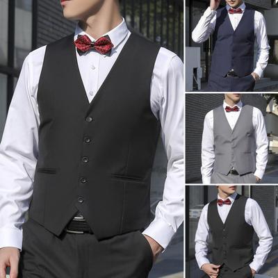 Men Suit Waistcoat V-neck Sleeveless Single Breasted Suit Vest with Pockets Solid Color Ergonomic