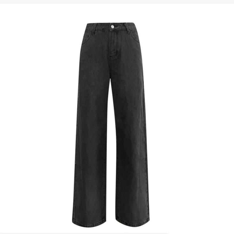 Retro Wide-leg Pants Jeans Women's Denim Solid Color Washed Pockets Mid-waist Basic Loose Straight Denim Trousers