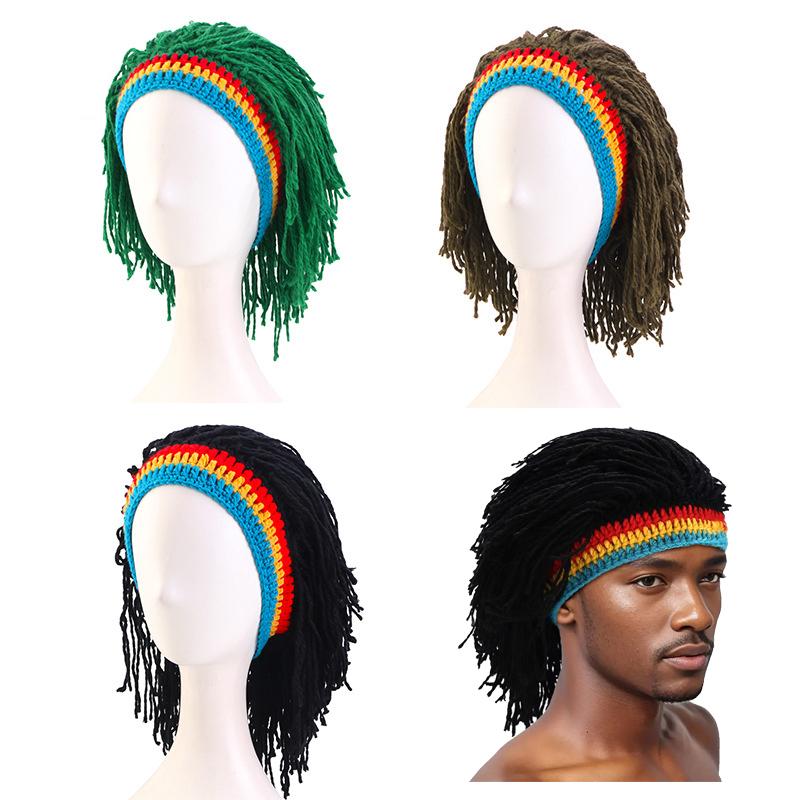 Men Women Synthetic Wig False Braid Dreadlocks Beanie Cap Handmade Crochet Hat Cosplay Party Headwear Warm Knitted Wig Hat