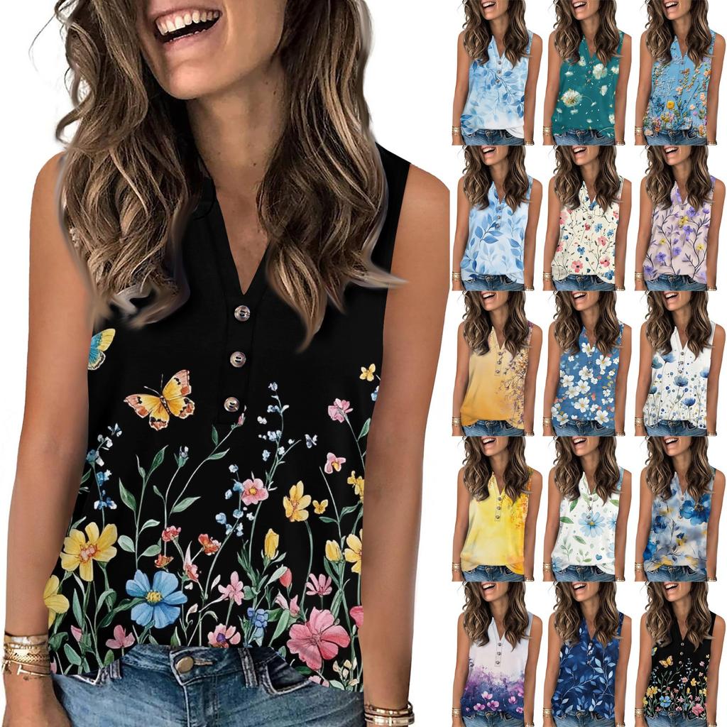 Damen Casual Mode Sommer Tanktop mit Blumendruck V-Ausschnitt Ärmellos Knopfleiste Top