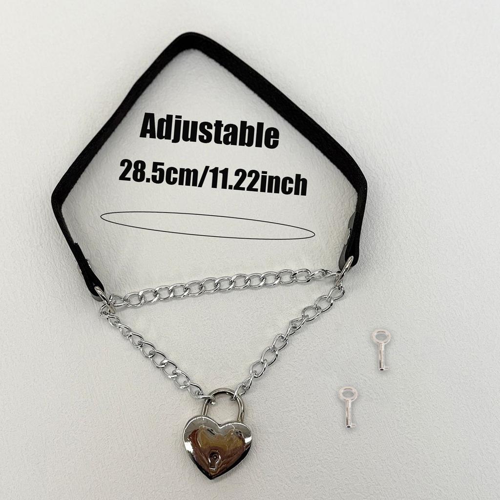 Women Black PU Leather Necklace with Padlock Heart Charm Necklace Adjustable Chain Necklace Leather Texture for Daily