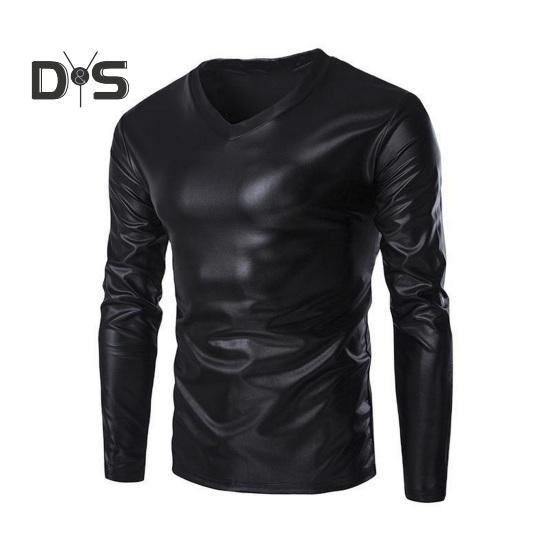 

Мужская облегающая футболка с V-образным вырезом и длинным рукавом, модная блестящая бронзовая блестящая мужская блузка для вечеринок, сцен, выпускных вечеров XL чёрный