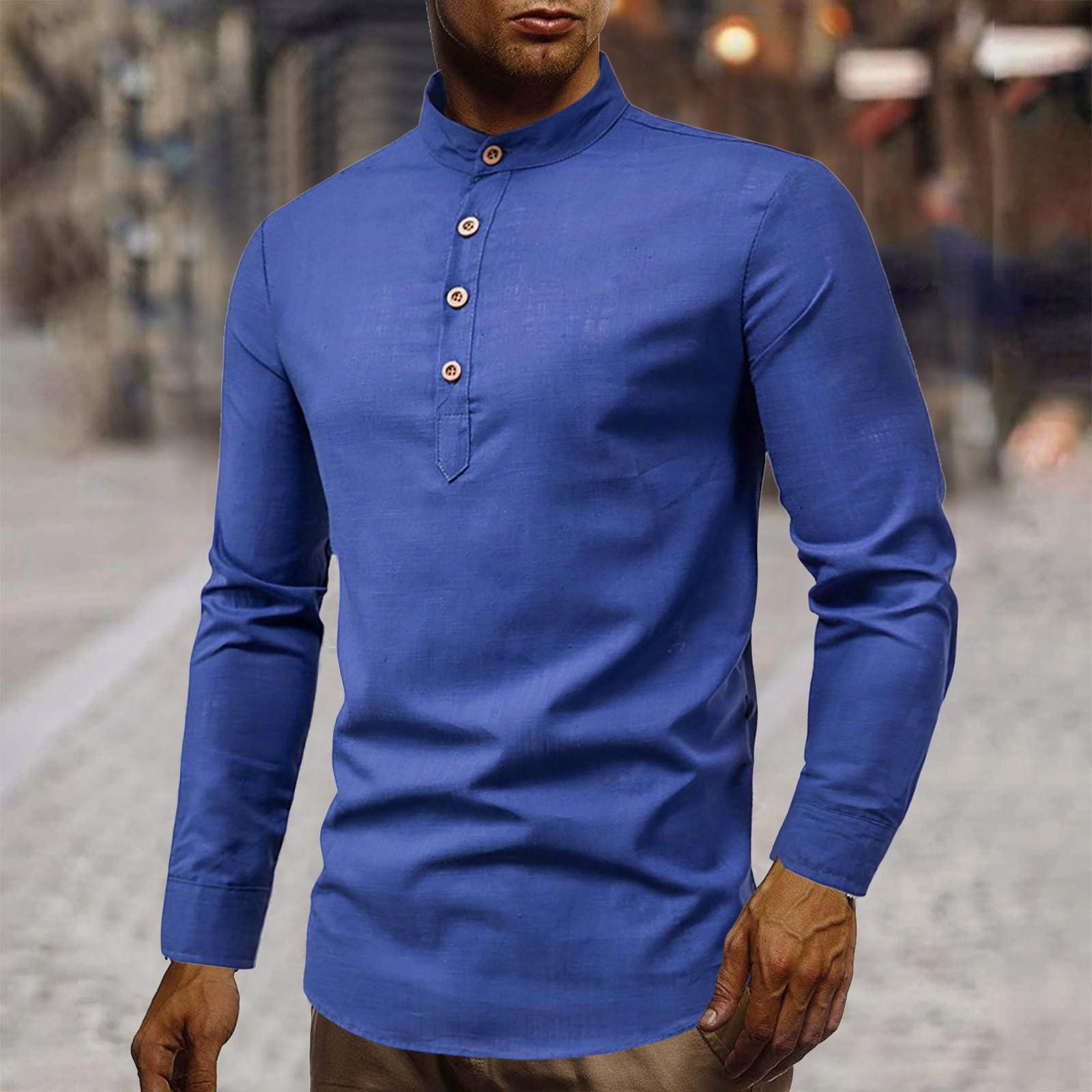 

Мужская модная приталенная однотонная однотонная мужская рубашка с длинным рукавом в деловом стиле из хлопка и конопли с воротником-стойкой XXXL