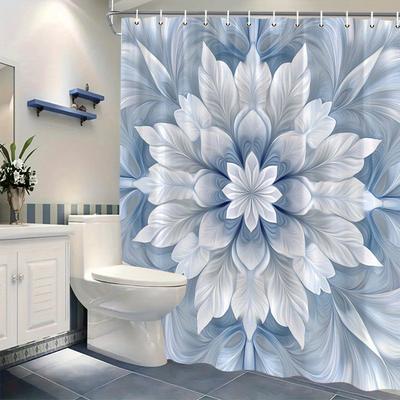 Blue & White Symmetrical Floral Shower Curtain, Dreamy Gradient Background, Machine Washable Polyester,  Bathroom Decor