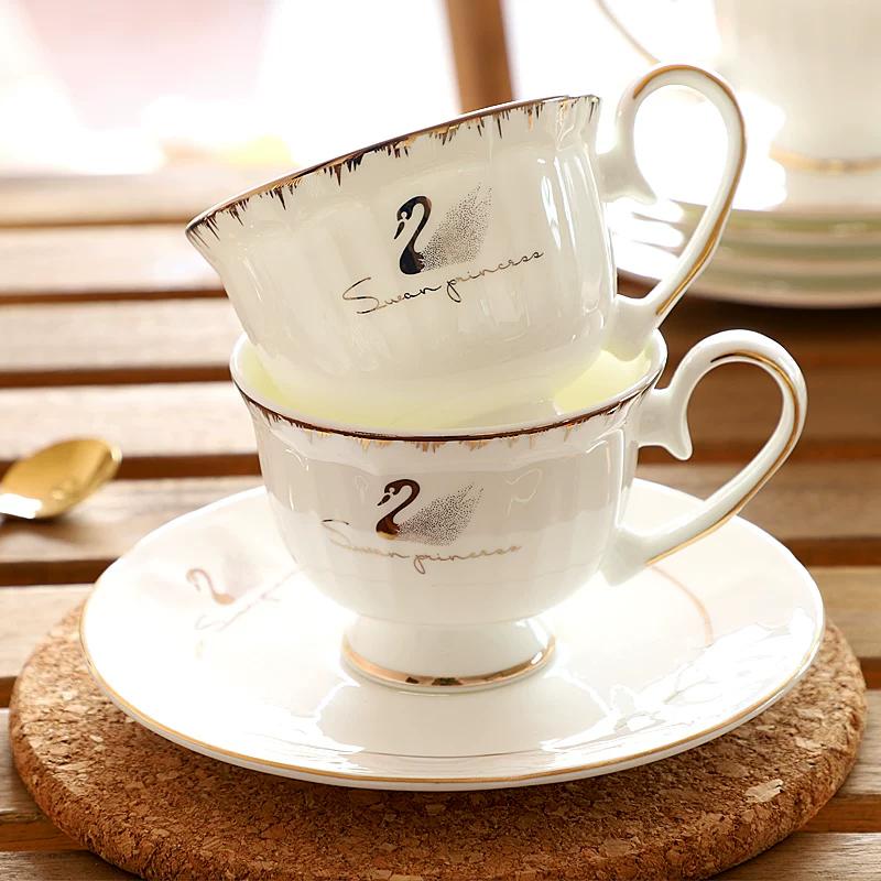 

Swan Lake Bone China Coffee Cup with Trim, Light Luxury Ceramic Exquisite Tea Cup and Saucer Modern Home Decor 2 pack tea cup