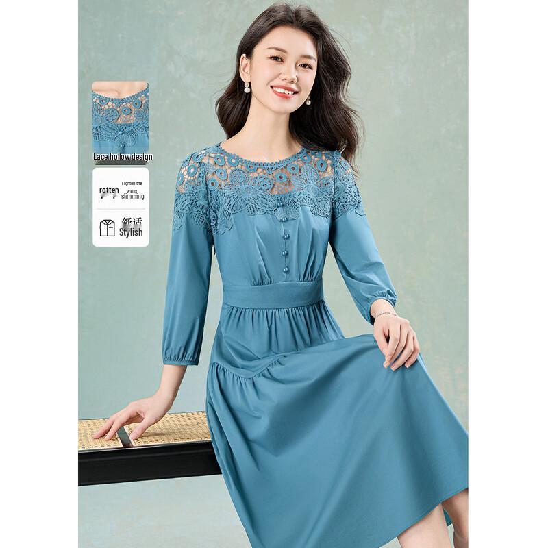 Melanie Round Neck Lace Hollow-out Midi Dress M
