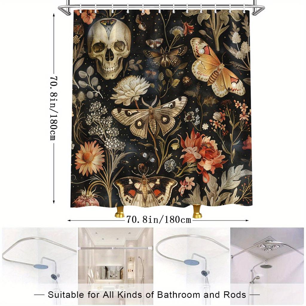 1pc Botanical Skull Shower Curtain - Digital Illustration, Butterflies, Moths & Flowers on Charcoal Background