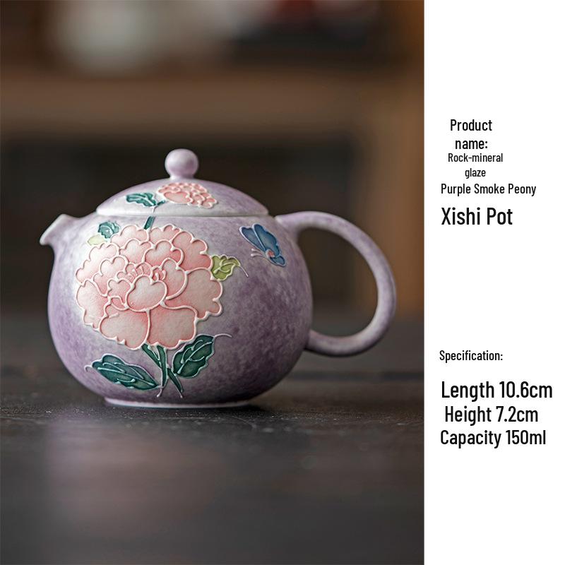 Hand-painted Peony Ceramic Tea Set: Purple Smoke Teapot, Lid Bowl, Master Cup, Tasting Cup, Pot Stand, Cup Mat, Coffee Cup