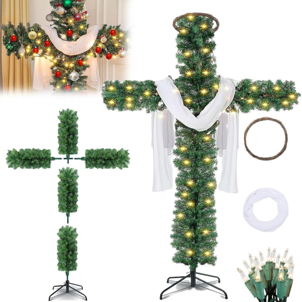 A Cross-shaped Christmas Tree With Lights, Pre-lit, Elongated, Pencil-shaped Artificial Tree, Complete With A Scarf And Christ Crown, Suitable For