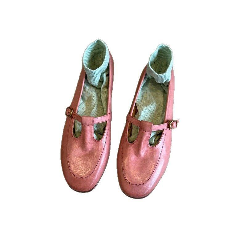 Sheepskin Version~ Leather Loafers Women's Low Heel Inner Height Increase One Pedal T-button Small Leather Shoes Retro Comfortable Single Shoes Women