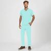Men's Short-sleeved V-neck Solid Color Printed Breast Pocket Care Top Elastic Waist Trousers Two-piece Work Suit