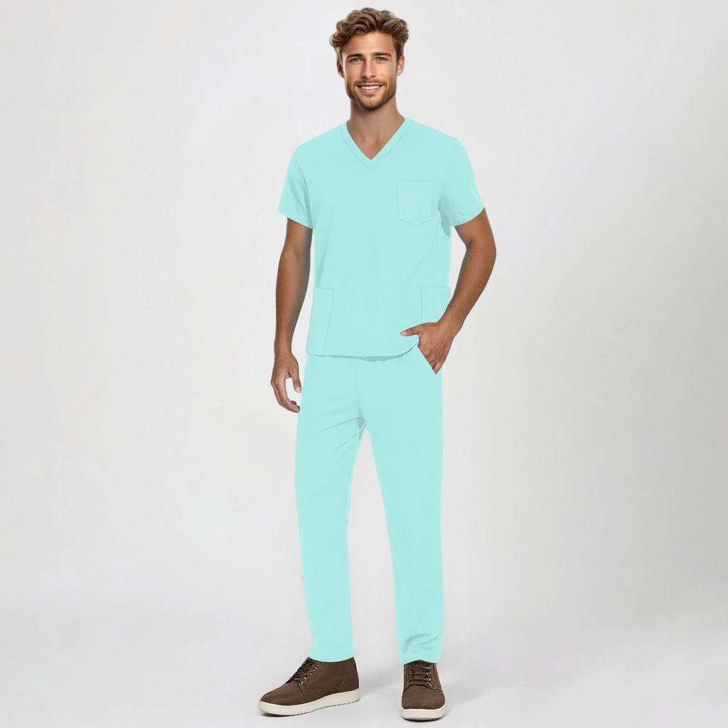 Men's Short-sleeved V-neck Solid Color Printed Breast Pocket Care Top Elastic Waist Trousers Two-piece Work Suit