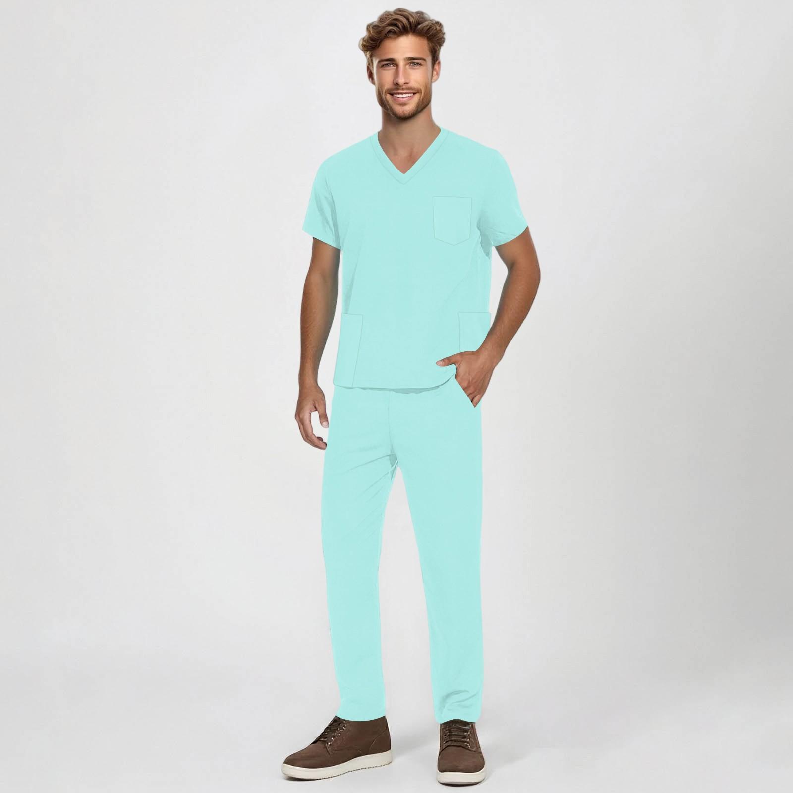 

Мужской рабочий костюм из двух частей с короткими рукавами, V-образным вырезом, однотонным принтом, нагрудным карманом и эластичным поясом XL циан