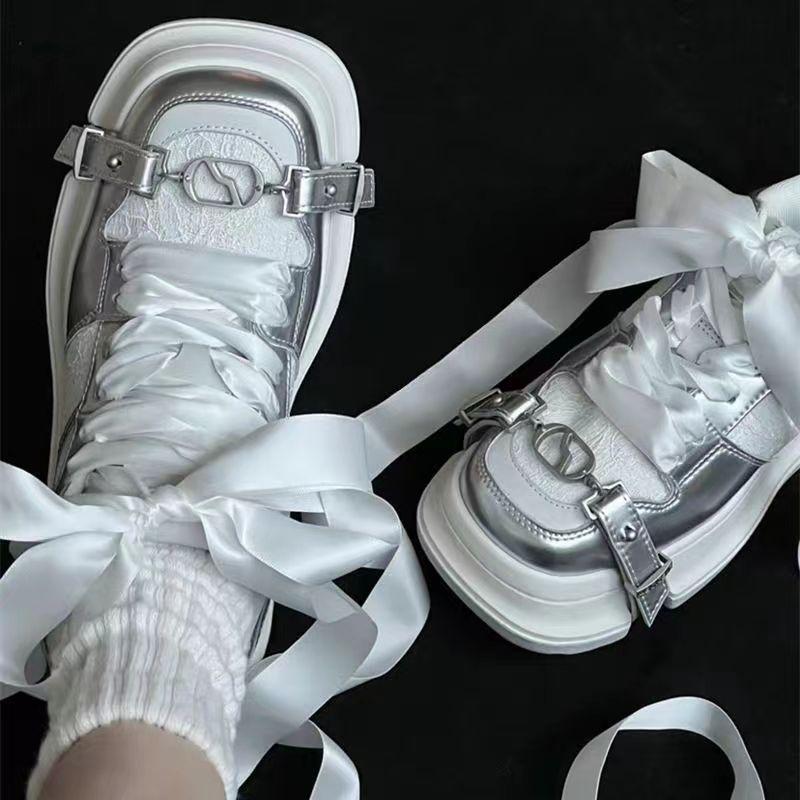 

2025 new Guochao niche versatile board shoes women s head straps casual sports shoes thick sole heightening white shoes women 40 серебряный
