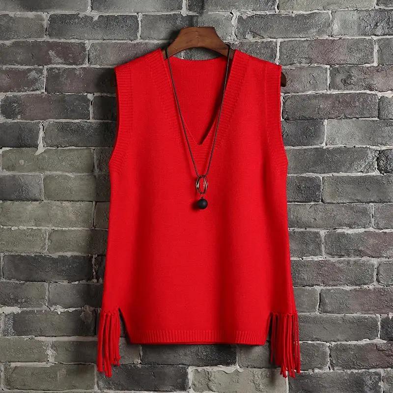 Spring and Autumn Korean Version of The V-neck Solid Color Knit Sweater Vest Women Loose Pullover Hem Fringed Waistcoat