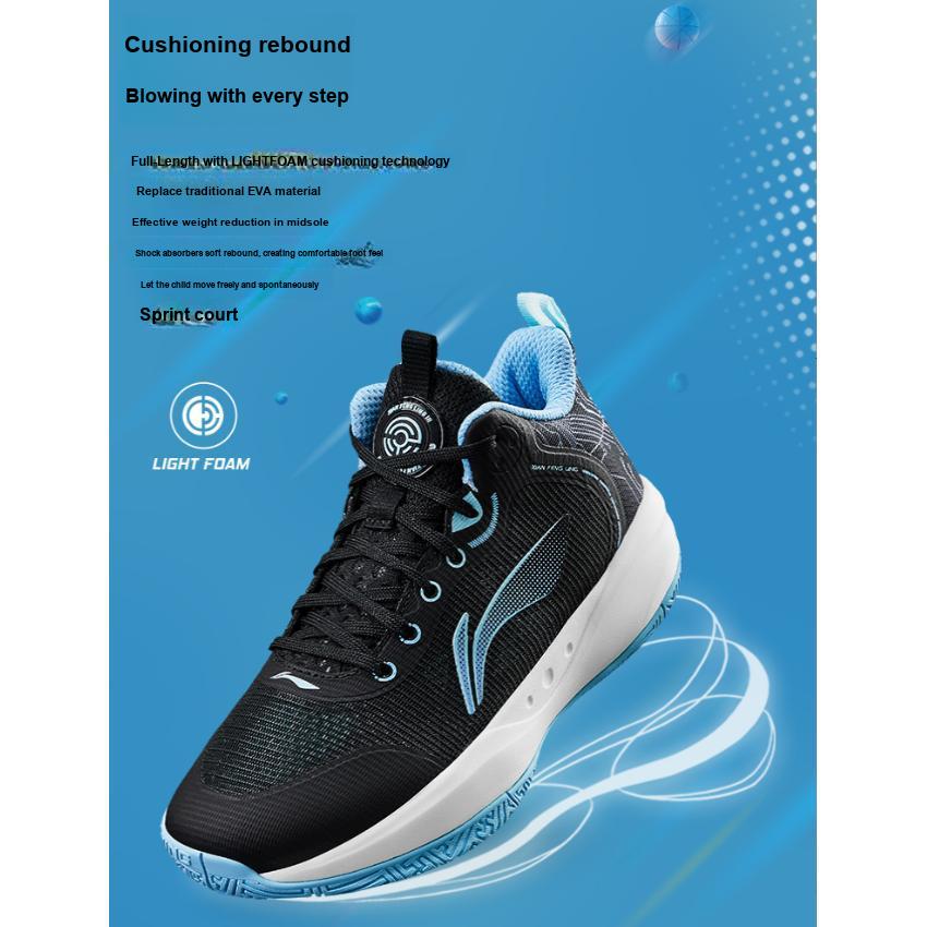 Li Ning Primary 3.0 Mesh Shock Absorption Non-Slip Lightweight Rebound Low-Top Kids Basketball Shoes Kids Basketball Shoes Black Blue YKBT028-5