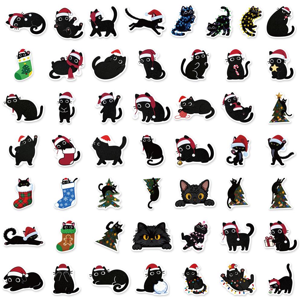 50PCS Christmas Black Cat Cute Christmas Fun Stickers DIY Handmade Materials Phone Case Laptop Luggage Bottle Stickers