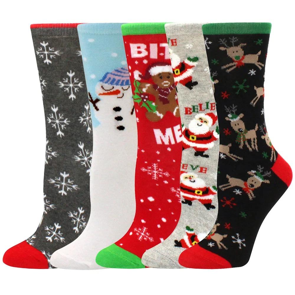 5 Pairs of Christmas Women's Socks with Reindeer and Christmas Tree Patterns, Warm Cotton Socks, Holiday Gift
