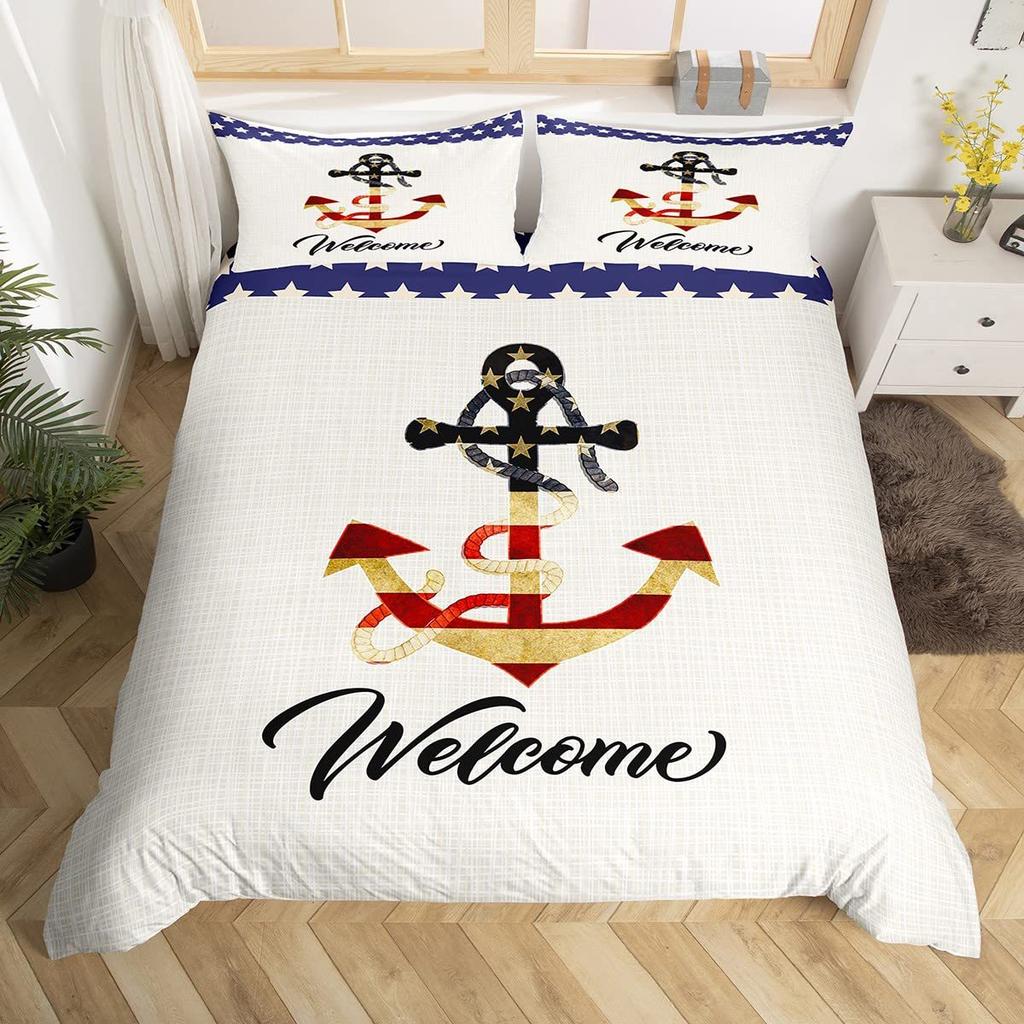 Nautical Anchor Striped Pattern Bedding Cover With Pillowcase Quilt Cover Three-Piece Duvet Cover Set