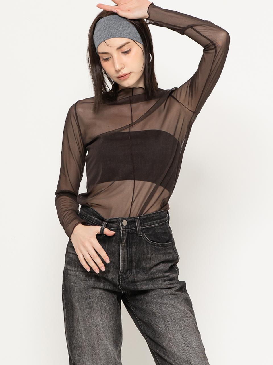 More Like It See-Through Long Sleeve Turtleneck Brown