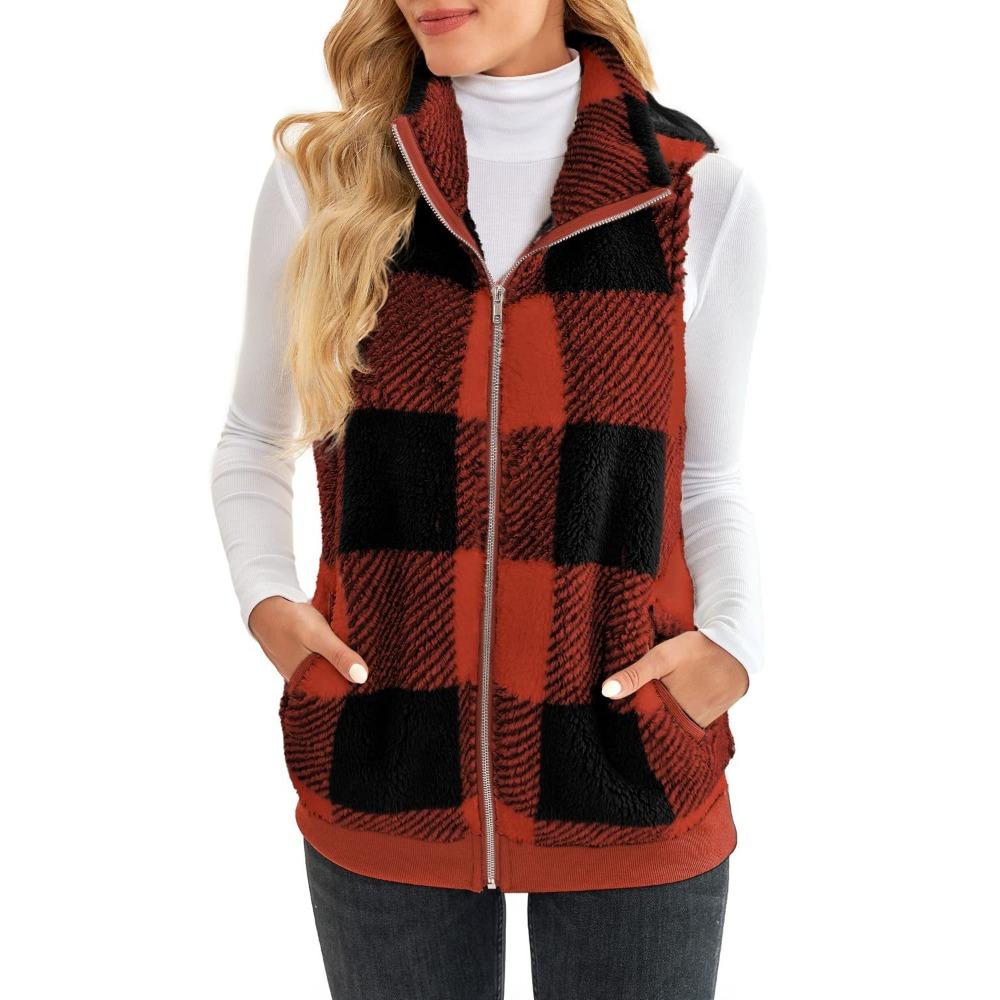 Women's Stand Collar Sleeveless Plaid Fleece Vest Loose Fit Casual Zip Up Gilet Outerwear
