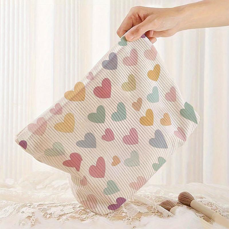 1pc Corduroy Makeup Bag Heart Pattern Large Capacity Cosmetic Pouch Zipper Portable Toiletry Storage Bag for Women