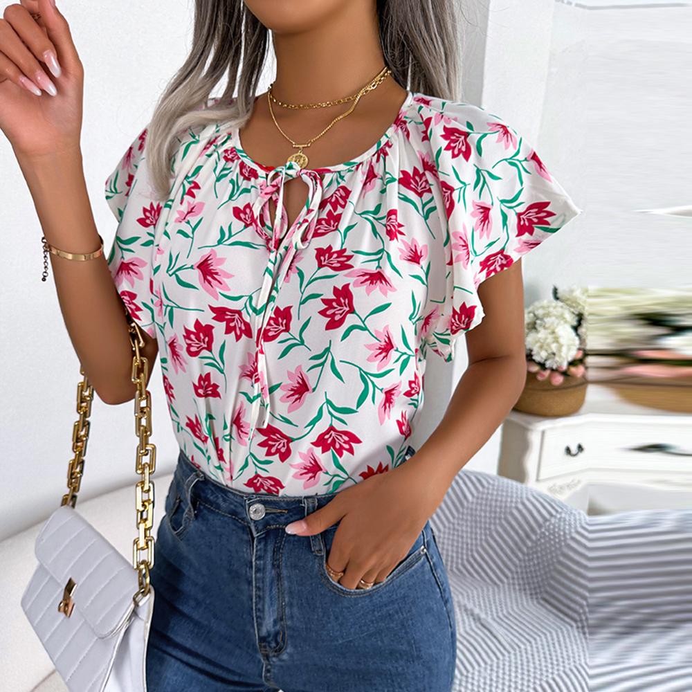 Frauen Frühling Sommer Lose Rüschen Spitze Up Chiffon Top Für Damen O Neck Fliegende Ärmel Floral Blusen