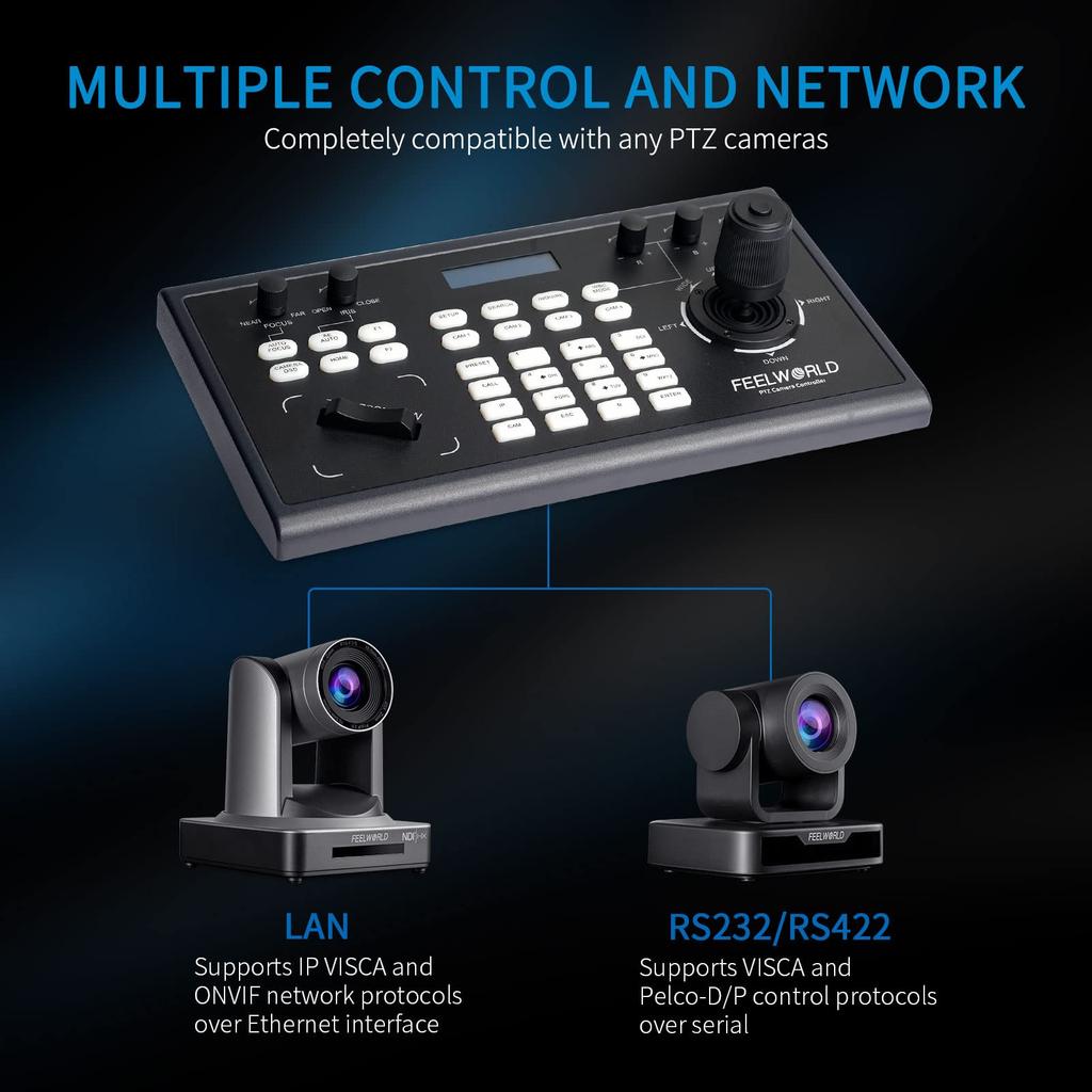 FEELWORLD KBC10 PTZ Camera Controller with Joystick and Keyboard Control, LCD Screen, PoE Supported for Live Streaming Church Meetings