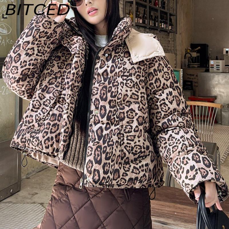 BITCED Short-Length Leopard Print Cotton Jacket for Women with Hood Minimalist Fashion Design, Oversized Fit, Unique Style Cotton Coat