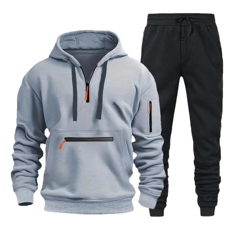 Mens Hooded Zipper Sportswear Set With Multiple Pockets Casual Tracksuit Running Gym