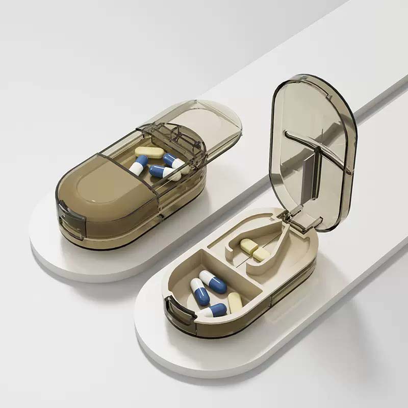 

Outdoor Mini Pill Cutter Portable Pill Case Container 2-in-1 Pill Dispenser Dustproof Divided Storage Box Pill Crusher Pill Case Small коричневий